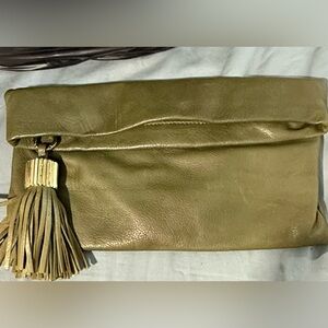India Hicks Olive Leather Clutch with Tassel